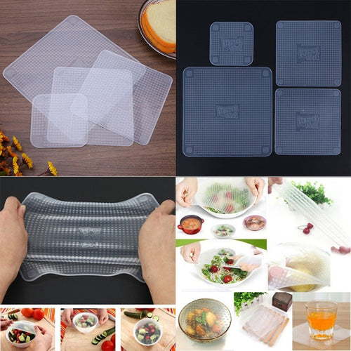 4pcs Food Fresh Keeping Saran Wrap Kitchen Tools Reusable Silicone Food Wraps Seal Vacuum Cover Stretch Lid Kitchen Accessories